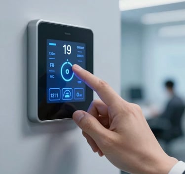 Close-up of a high-tech climate control interface on a wall, a hand adjusting the temperature, blurred professional office environment in the background, cool blue lighting, high expertise vibe.