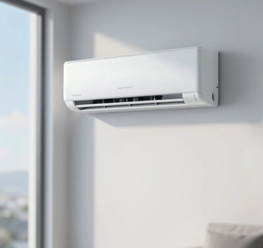 A sleek, modern wall-mounted air conditioning unit in a bright, minimalist living room with large windows, soft blue sky visible outside, reflecting the 'Ideal Climate' concept, using #F6F8FA and #4A6D7C tones.
