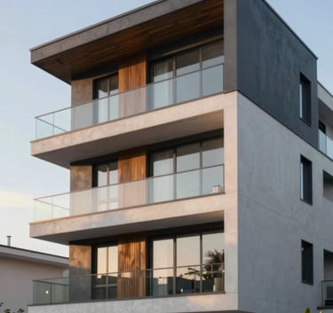 An ultra-modern residential exterior featuring glass, concrete, and dark wood accents. The photography is clean and architectural, captured during the golden hour to highlight textures. The color palette emphasizes #1A202C in the building's trim and #4A5568 in the shadows.