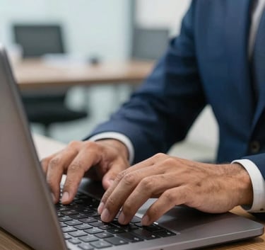 Close-up of hands typing on a laptop in a bright South American / Brazilian government office, professional setting, deep blue and steel blue accents, modern clean atmosphere.