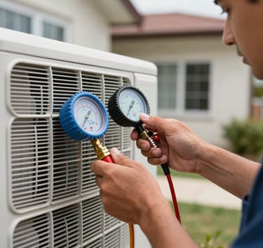 Close-up of a professional HVAC technician's hands using a digital gauge to check a residential air conditioning system. The background is a clean South American home exterior, conveying expertise and trust.