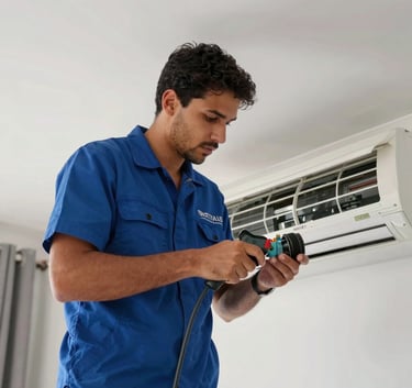 A professional technician wearing a blue uniform with the logo subtly visible, working on a clean white AC unit inside a modern Brazilian apartment. He looks focused and professional, using modern tools.