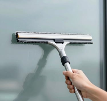 Close-up of a professional window cleaning squeegee wiping a pane of glass to reveal a sharp, clean reflection. The palette uses #4A6B7E and #F0F4F7 to emphasize cleanliness.