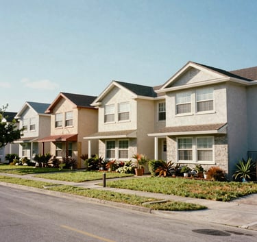A row of 1980s North American / Florida residential houses with prominent cement window sills, under a bright, clear sky. The street is clean and quiet.
