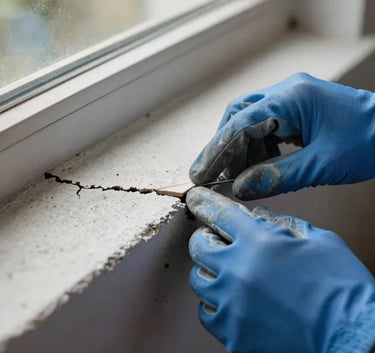 Close-up of a weathered cement window sill with a visible crack being carefully inspected by a professional in North American / Florida. Soft daylight, slate blue work gloves visible.