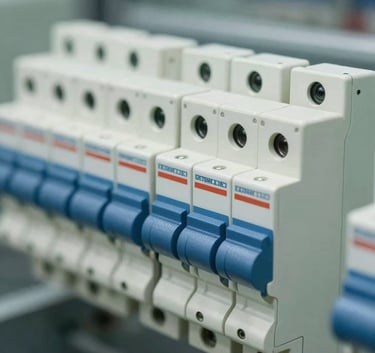 A close-up shot of modern industrial circuit breakers and switches arranged neatly, featuring off-white and slate blue accents, in a clean North American / International engineering facility.