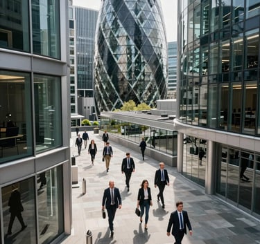 A professional high-angle shot of a modern financial district in London, featuring clean glass architecture and professionals in business attire walking with purpose, bright daylight, reflecting a mood of elite financial expertise and trust.