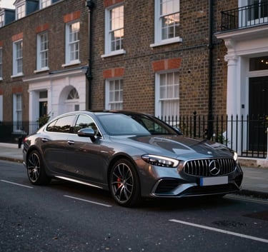 A sleek, dark metallic car parked on a quiet, high-end London residential street with traditional brick townhouses in the background, dusk lighting catching the polished surfaces, conveying luxury and achievement.