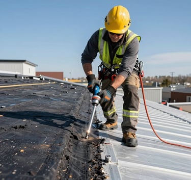 A professional roofer in North American / US safety gear using a torch to install a modified bitumen roofing layer on a large flat roof, bright daylight, steel blue sky.