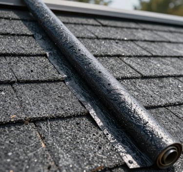 Close up of high-quality roofing torchdown materials showing the texture and waterproof seal on a North American / US residential building.