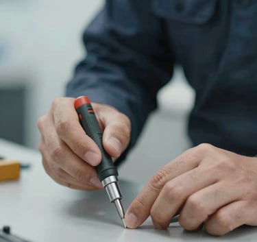 A professional tradesperson's hands using a precision tool on a workbench, focus on durability and expertise, clean background with #F8F9FA tones.