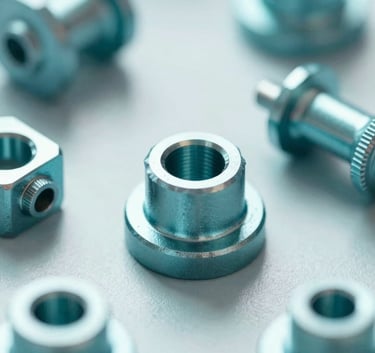 Close-up of industrial steel tools and hardware components arranged artistically, high precision, metallic shine with #A8DADC teal accents, professional photography.