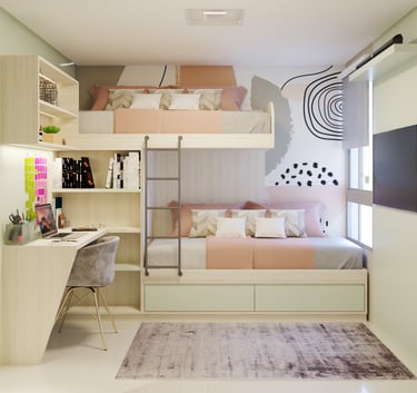 Quarto de filhos com beliche e iluminação natural e tons neutros em apartamento pequeno SP