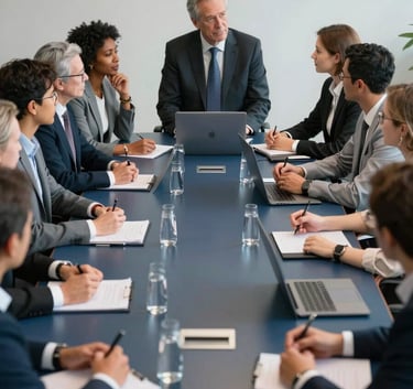 A diverse group of professionals in a Global / International corporate boardroom engaged in a strategic discussion around a Dark Slate Blue conference table.