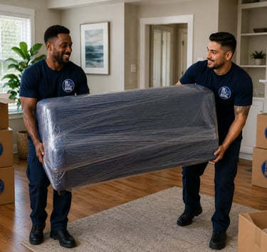Professional movers carrying a shrink-wrapped blue sofa into a living room with moving boxes.