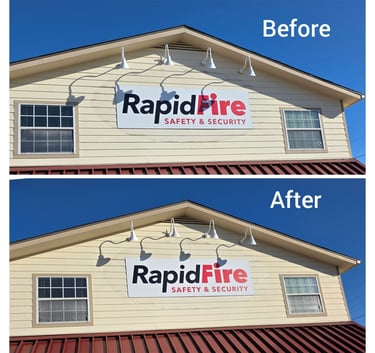 Removed dirt and grime from where old business sign was located on front of building. 