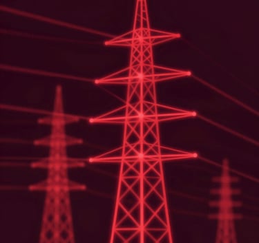 A high-end, abstract graphic of a power grid blueprint overlaid with glowing crimson lines (#B85C66) against a dark burgundy background (#260B0E). The composition is clean and minimalist, representing innovative engineering design and authoritative precision.
