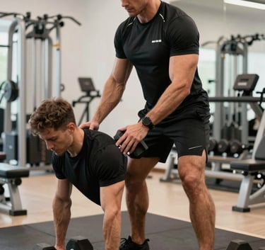 A professional trainer in jet black athletic wear assisting a client with heavy dumbbells in a modern, bone white and deep bronze fitness suite.
