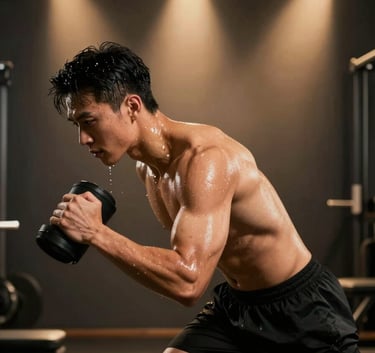 A high-action photograph of an athlete mid-workout, sweat glistening under warm muted gold spotlights in a sophisticated jet black studio.