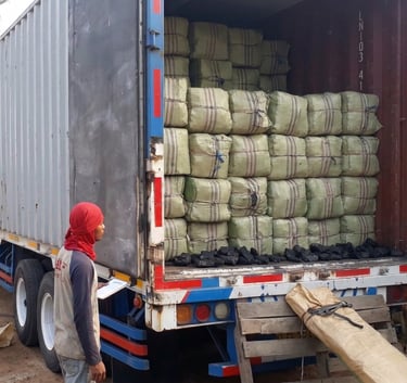 The process of loading dried gracilaria seaweed into containers for delivery to export buyers.