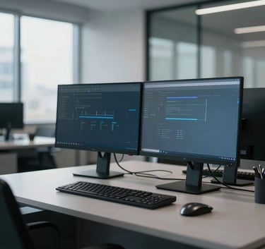 Modern Australian corporate office setting, clean desk with dual monitors, professional atmosphere, soft morning light, slate grey and blue tones.