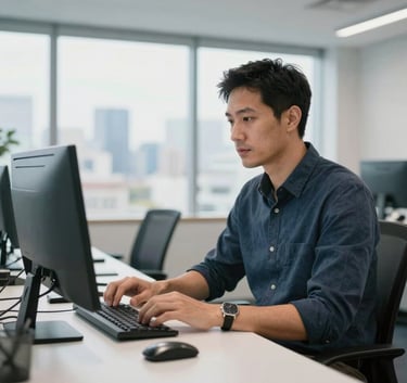 A professional tech expert at a workstation in a bright Sydney office, Australian / Oceanic context, focused and competent, clean white and blue interior.