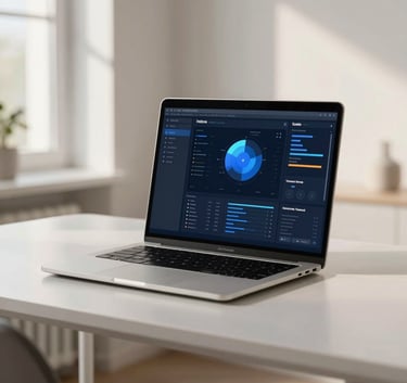 A sleek, modern laptop screen showing a security dashboard, soft morning light in a minimalist Tallinn home office, professional atmosphere with steel blue and off-white tones, Northern European style.