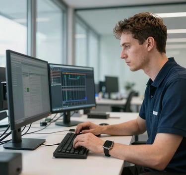 A professional technician in a modern glass-walled office in Estonia, working on a clean dual-monitor setup, natural bright lighting, professional reliability and technical expertise theme.