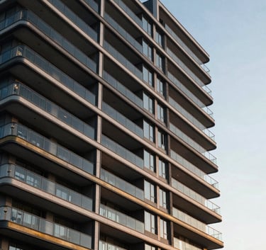 Modern architecture photography of a premium residential building in Brazil. Wide angle shot focusing on glass balconies and elegant dark blue and golden accents during the golden hour.