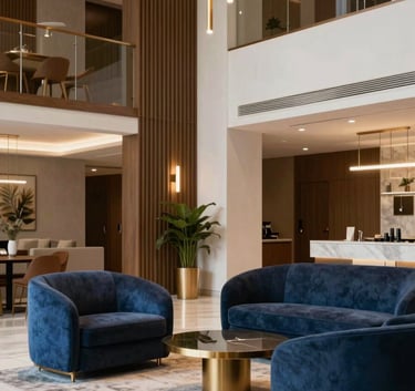 Photography of a luxurious condominium lobby in Brazil. The scene features modern furniture in tones of dark blue and medium blue with sophisticated gold lighting fixtures.
