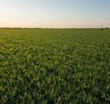 A sweeping, professional landscape photograph of vast, vibrant green farmland during golden hour, shot from a low angle to emphasize scale. Global / International setting with modern irrigation systems visible in the distance. The lighting is warm and clear, featuring shades of dark green and light green.