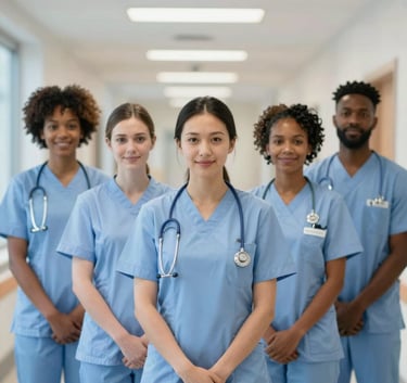 A professional portrait of a diverse team of nurses in light blue uniforms standing in a brightly lit, modern UK hospital corridor, high-quality photography with a shallow depth of field.