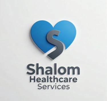 A clean and minimalist logo for Shalom Healthcare Services, featuring a simple steel blue heart integrated with a modern charcoal S shape, professional typography, presented on a crisp white background.