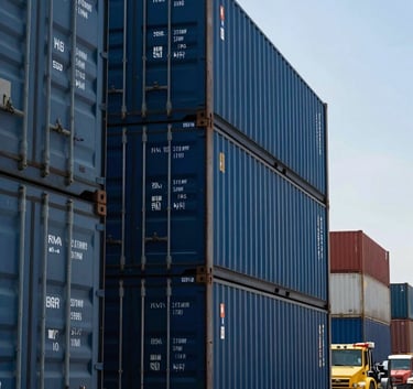 Large shipping containers and logistics equipment at a modern Egyptian port, symbolizing global export reach. High-contrast photography with Dark Navy and Deep Ocean Blue elements under a bright sky.