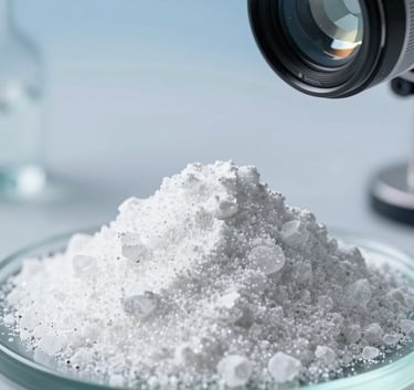 Close-up of high-purity white crystalline Aluminum Sulfate powder on laboratory glass, professional lighting highlighting texture, against a Pale Sky Blue background.