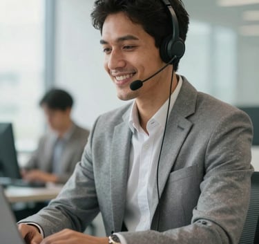A professional South American person working in a bright, modern office with a headset, focused and friendly expression, clean lines, professional business attire, natural lighting.