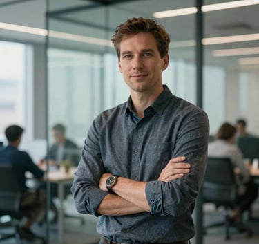A professional portrait of a tech expert in a modern, brightly lit glass office, wearing business casual attire, looking confident, Global / International professional environment.