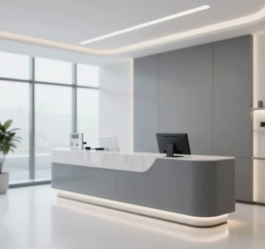 A wide shot of a modern, clean, and luxurious dental clinic reception area. Features minimalist furniture in #4A6572, bright lighting, and an atmosphere of professional care and comfort.