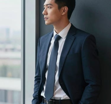 A confident executive in a North American / US business setting, leaning against a dark navy accent wall, looking towards a bright window, professional and modern atmosphere.