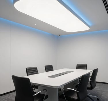 A sleek, modern North American / US office conference room with clean architectural lines, featuring cloud white surfaces and soft blue lighting accents.