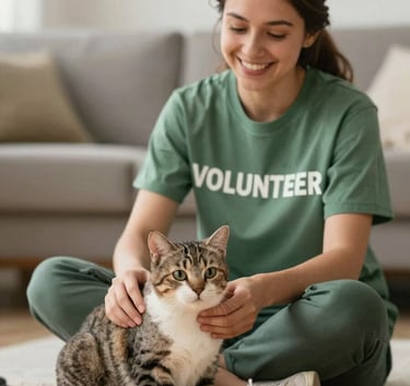 A dedicated foster care volunteer sitting on the floor, smiling warmly while playing with a rescued cat, creating a hopeful atmosphere, using tones of #2E473C and #5C7B6C.