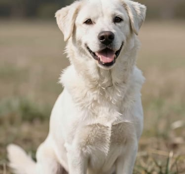 A hopeful and happy rescued mixed-breed dog sitting in a sunny field, professional and inviting photography, incorporating soft natural brand tones like #A4BBAA and #F4F6F4.