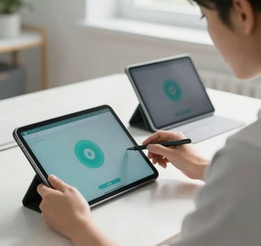 A focused learner in a bright, modern studio using high-tech tablets and digital tools, bathed in natural light and soft teal accents, Global / Modern.