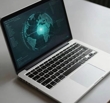 A professional setting featuring a sleek laptop on a minimalist desk with ambient light teal reflections, symbolizing intelligence and innovation, Global / Modern.