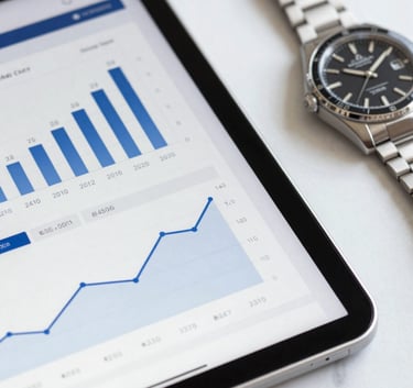 A close-up of a tablet showing growth charts and financial data on a white marble surface next to a high-end watch. Professional and detail-oriented. Uses #3A506B and #8DA9C4 tones for the data visuals.