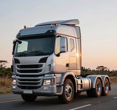 A sleek silver modern heavy-duty truck driving on a well-maintained South American highway at golden hour, focus on the polished cabin reflecting the sunrise, professional photography.