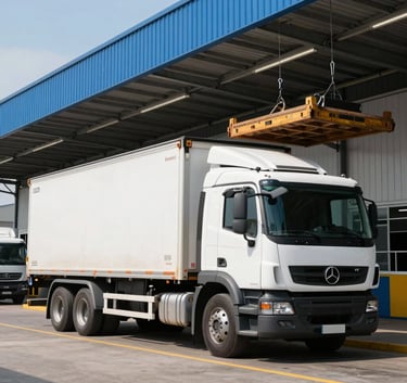 Professional photography of a cargo truck being loaded at a clean, modern logistics terminal in Brazil, bright daylight, steel blue and white accents, efficient industrial setting.