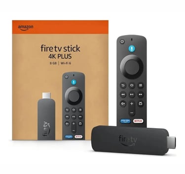 Amazon Fire TV Stick 4K Plus with Alexa Voice Remote and Wi-Fi 6 streaming device packaging.