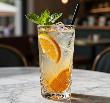 An aesthetic close-up of a refreshing mocktail with citrus and mint in a tall crystal glass, placed on a light gray marble surface in a sunlit Global Halal Market cafe.