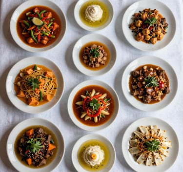 A top-down composition of high-end halal Mediterranean dishes on a clean white tablecloth, soft morning light, focusing on textures and colors of the food, no people, premium aesthetic.
